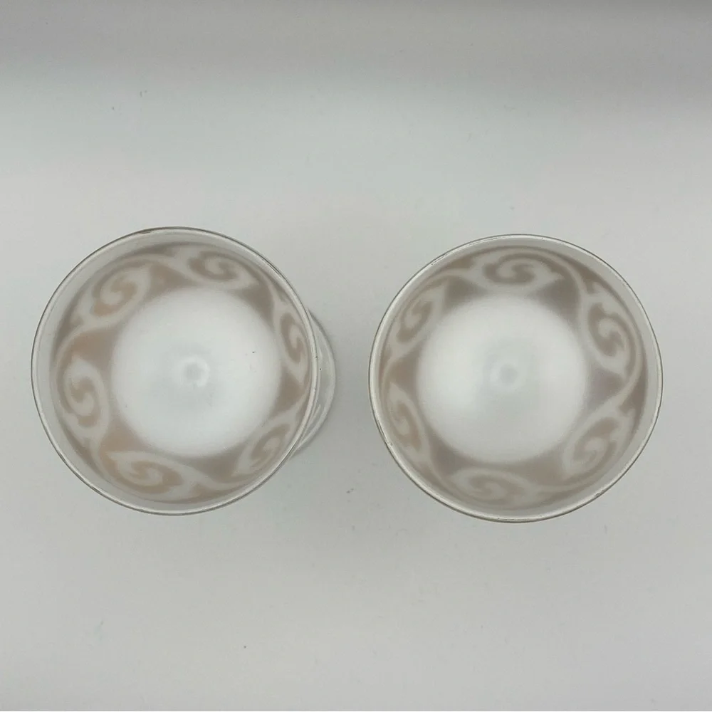 Vintage MCM Set of 2 Cocktail Glasses White & Gold Scroll Coupe Sherbet Baroque